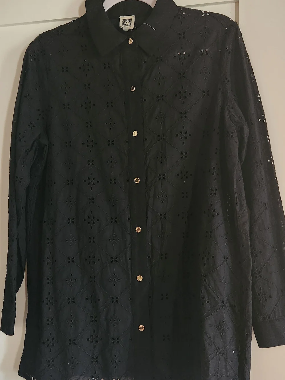 Anne Klein Black Eyelet Button-Front Shirt with Gold Buttons
